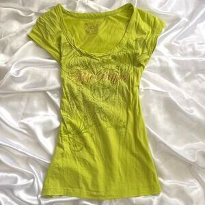 Apple Bottoms Lime Green Graphic Tee Gold Foil Rhinestone Y2K Scoop Neck Large